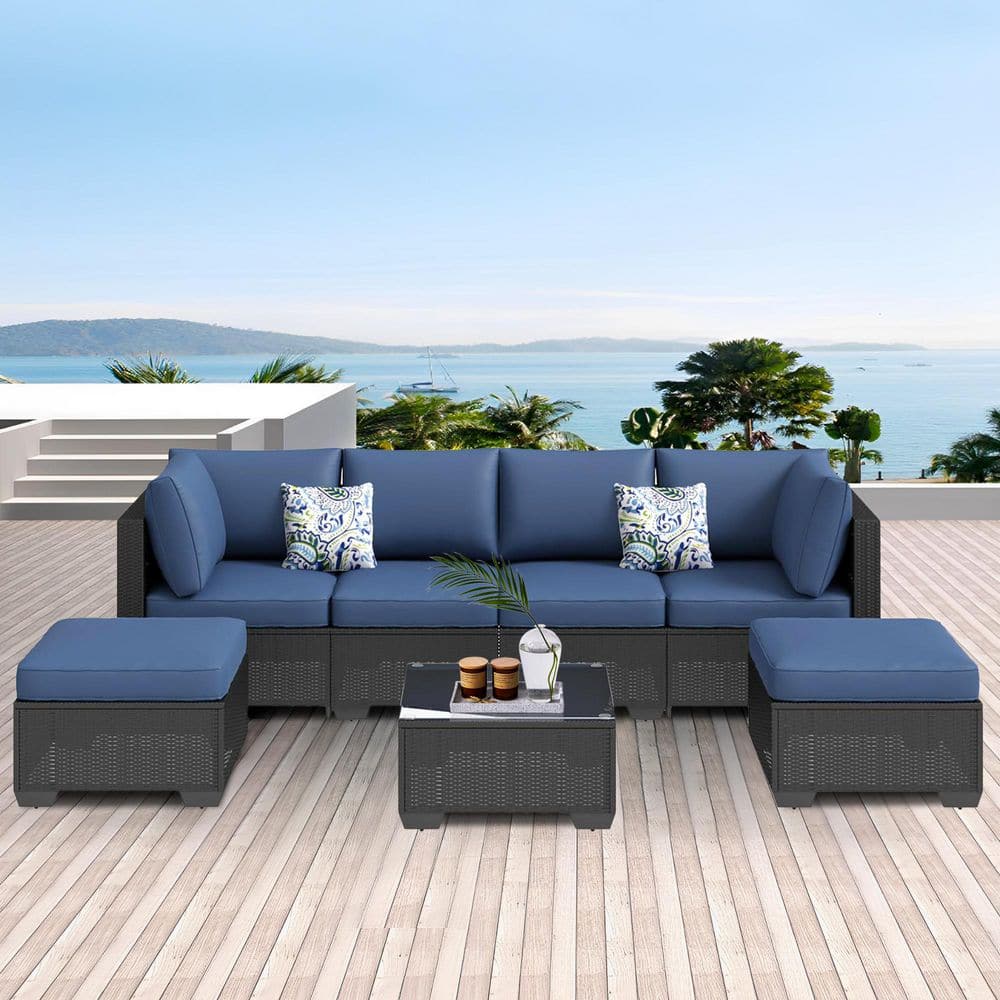 7-Piece Black Wicker Outdoor Sofa Sectional Set Patio Seating Sets with Dar