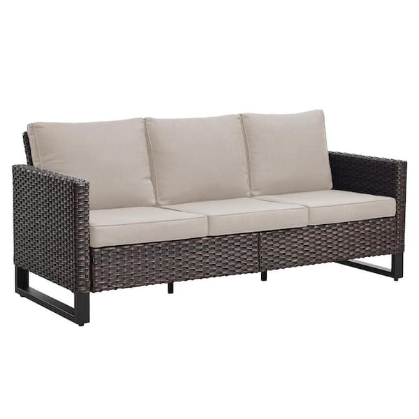 U-Shaped Foot Series 3-Seat Wicker Outdoor Patio Sofa Couch with Deep Seating and Cushions (Brown/Beige)