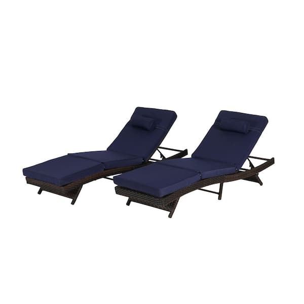 Unbranded Wicker Sunbathing Outdoor Lounge Chair with Dark Blue Cushions (2-Pack)
