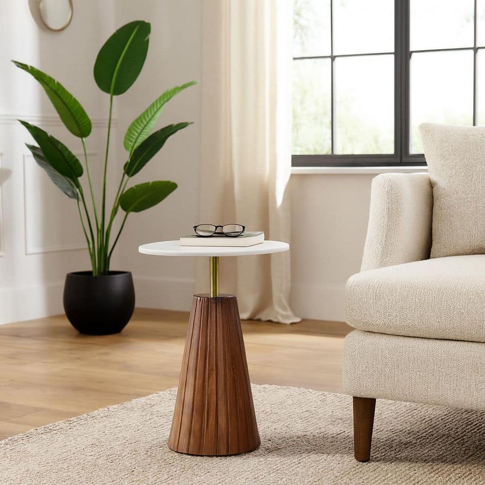 Liv & Skye 17 in. White/Brown Round Wood Fluted Base Marble Top