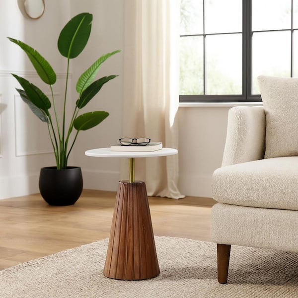 17 in. White/Brown Round Wood Fluted Base Marble Top End Table