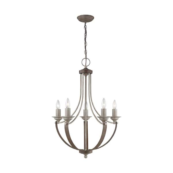Generation Lighting Corbeille 5-Light Washed Pine French Country Farmhouse Hanging Candlestick Chandelier with Weathered Iron Straps