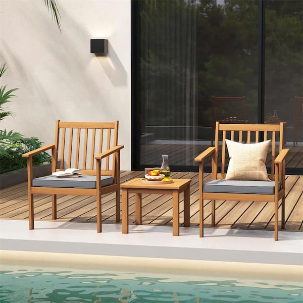 Costway 3-Piece Wood Patio Conversation Set with Grey soft Cushions