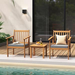 3-Piece Wood Patio Conversation Set with Grey soft Cushions