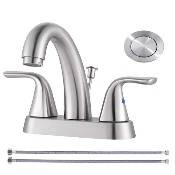 4 in. Centerset Double Handle Mid Arc Bathroom Faucet with Drain Kit Included in Brushed Nickel
