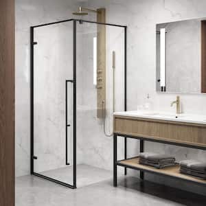 Meridian 34 in. L x 34 in. W x 74 in. H Framed Pivot Corner Shower Enclosure in Matte Black with 3/8 in. Clear Glass