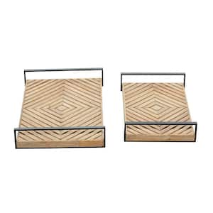 Brown Wood Diamond Pattern Decorative Tray with Black Handles (Set of 2)