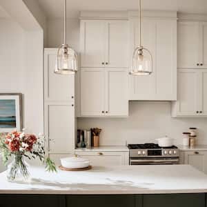 1-Light Brushed Nickel Transitional Shaded Kitchen Mini Pendant Hanging Light with Clear Glass