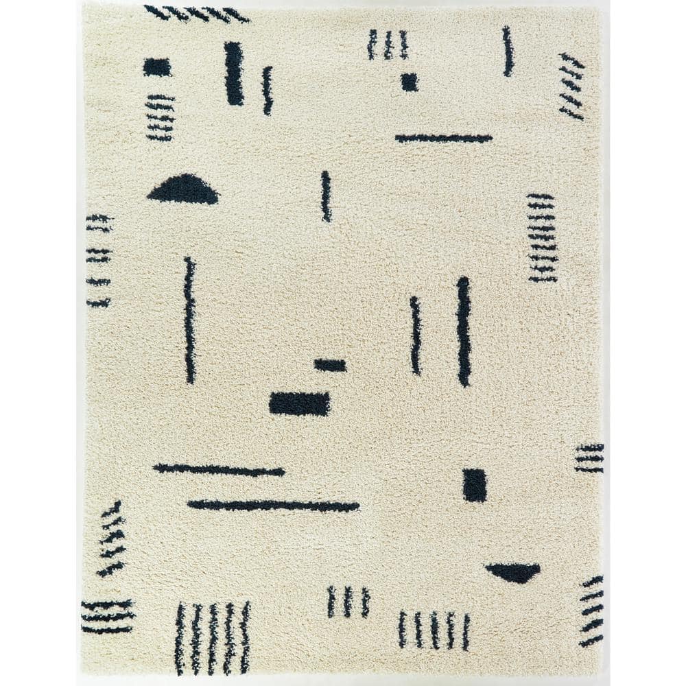 Navy Whisper 5' x 7' White & Navy Geometric Shag Rug