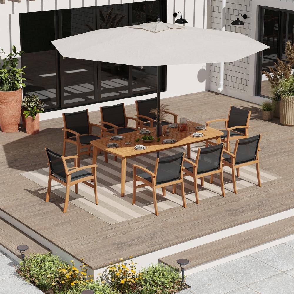 9-Piece Outdoor Dining Set – Solid Wood Table & 8 Textilene Chairs for Patio & Deck, Black