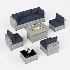 8-Piece Wicker Outdoor Patio Sectional Conversation Set with Cushions and Fire Pit Table Navy Blue