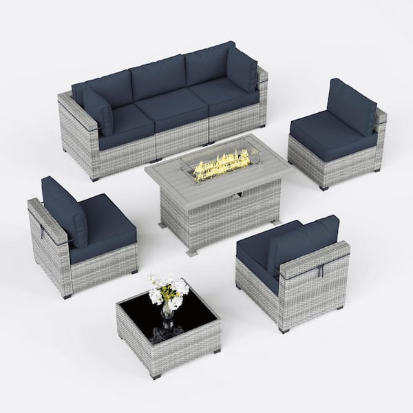 Kimunuk 8-Piece Wicker Outdoor Patio Sectional Conversation Set with Cushions and Fire Pit Table Navy Blue