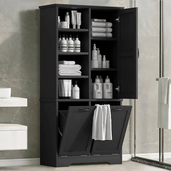 31 in. W x 14 in. D x 68 in. H Black Wood Linen Cabinet Storage Cabinet with Tilt-Out Laundry and Adjustable Shelf