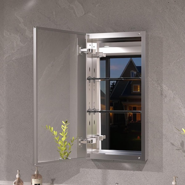 Keen 12 in. x 24 in. Framless Recessed or Surface-Mount Rectangular Aluminum Medicine Cabinet with Mirror in Silver