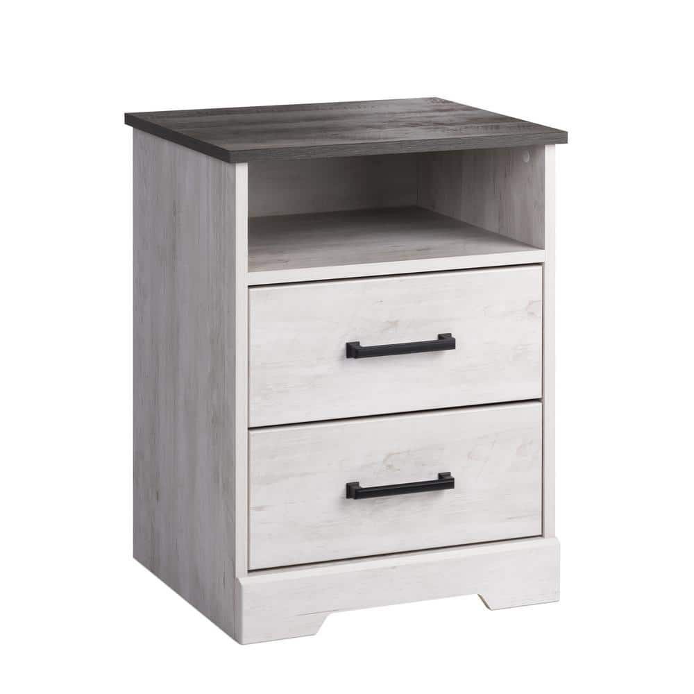 Washed White 2-Drawer Nightstand with Open Cubby and Gray Top