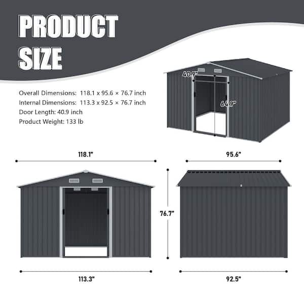 Unbranded - 8 ft x 10 ft. Metal Outdoor Storage Shed Tool Shed, Covered Area 80 Square Feet, with Sliding Door and Ventilation, Gray