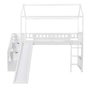 Amelia White Twin Loft Bed with Drawers and Stairs