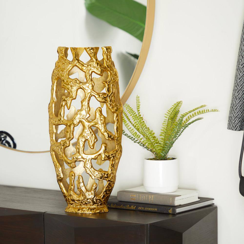 Tall Gold Aluminum Metal Decorative Vase with Cutout Design