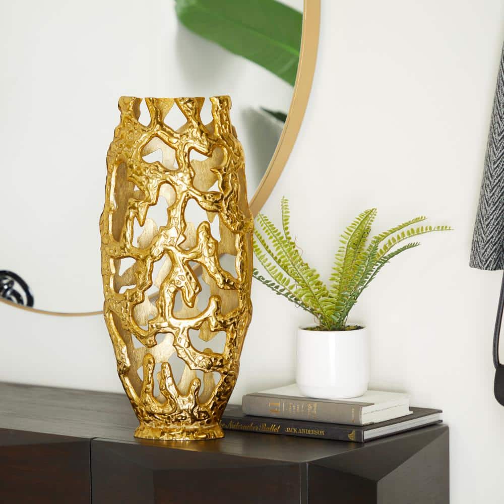 Tall Gold Aluminum Metal Decorative Vase with Cutout Design