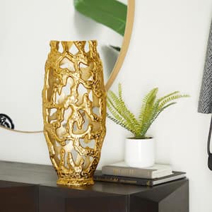 20 in. Gold Aluminum Metal Decorative Vase with Cut Out Designs