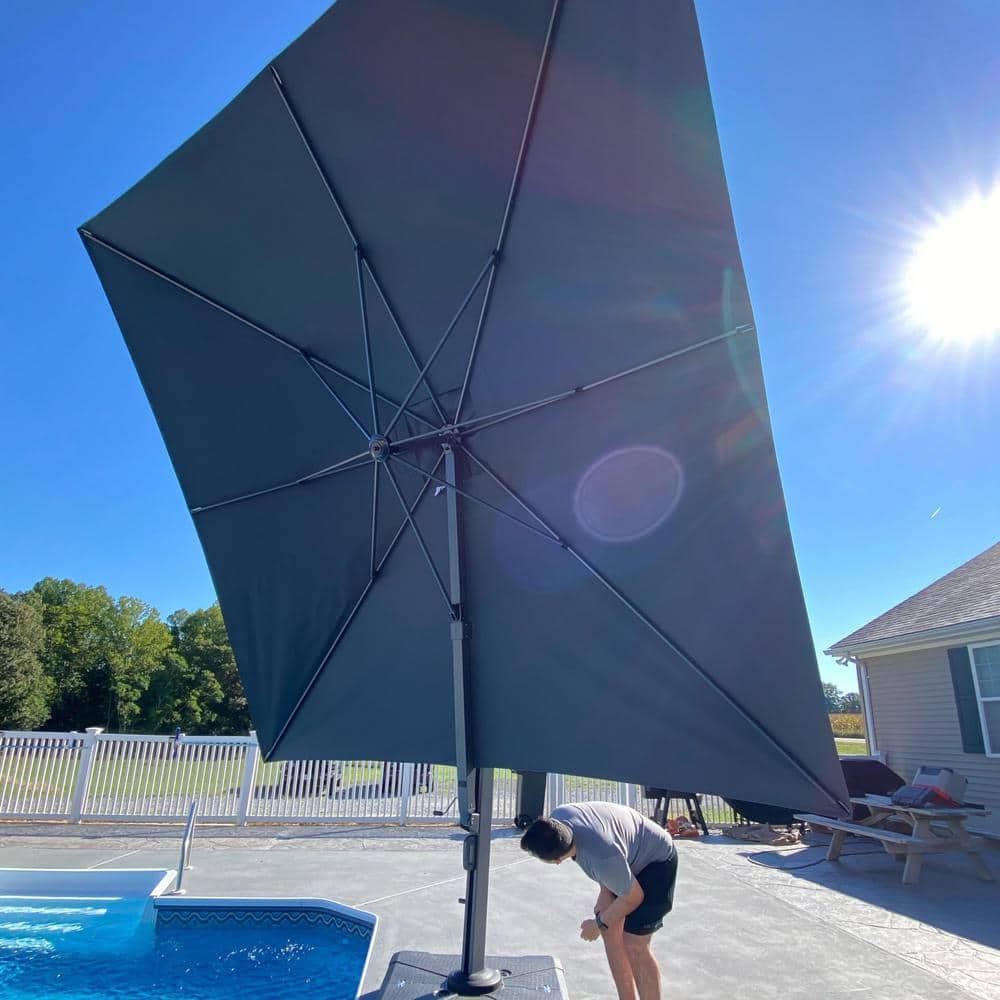Large Gray Aluminum Cantilever Patio Umbrella with Crank Lift