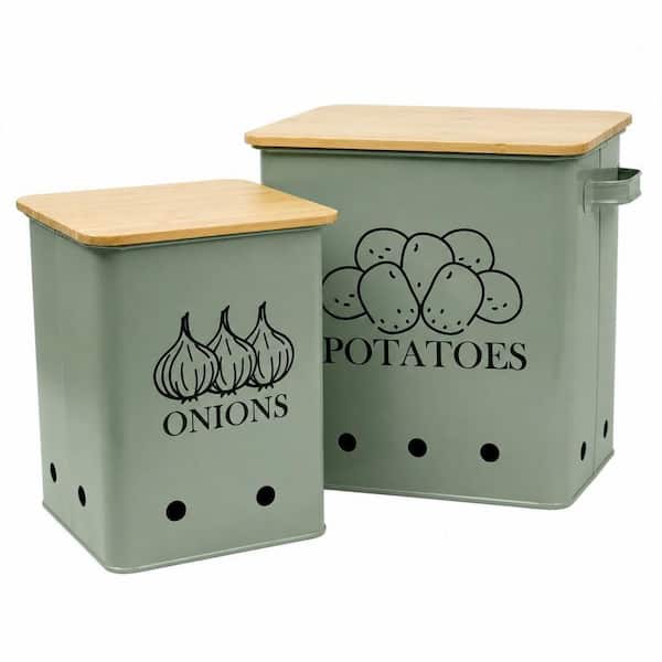 Vintage Green Kitchen Vegetable Storage Canisters, 2-Piece Set, Alloy Steel with Wood, Large Capacity Keep Produce Fresh