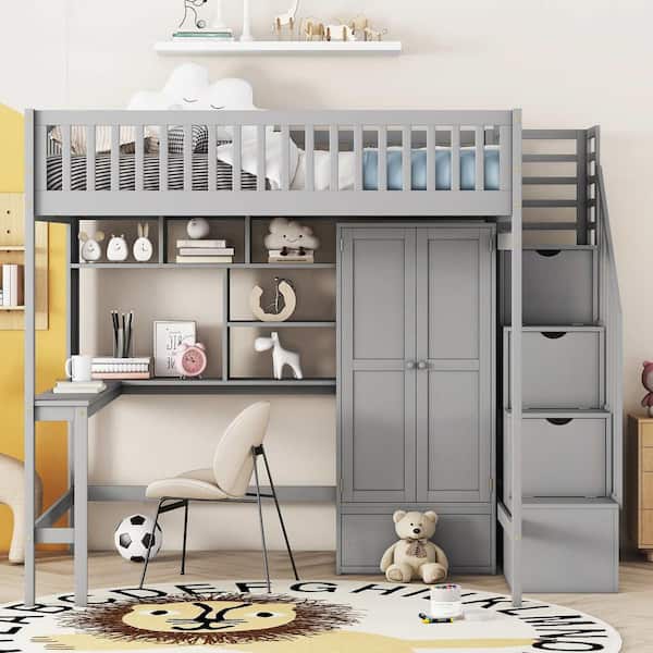 Polibi Full size Loft Bed with Bookshelf, Drawers, Desk, and Wardrobe-Gray
