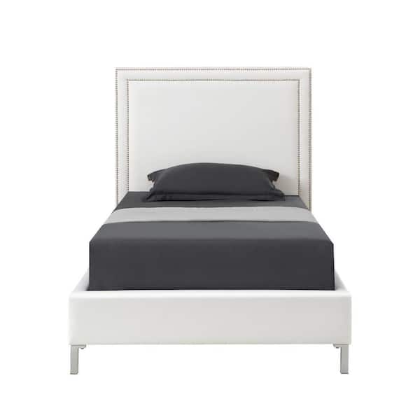 HomeRoots White Wood Frame Twin Panel Bed with Nail Head Trim; Upholstered