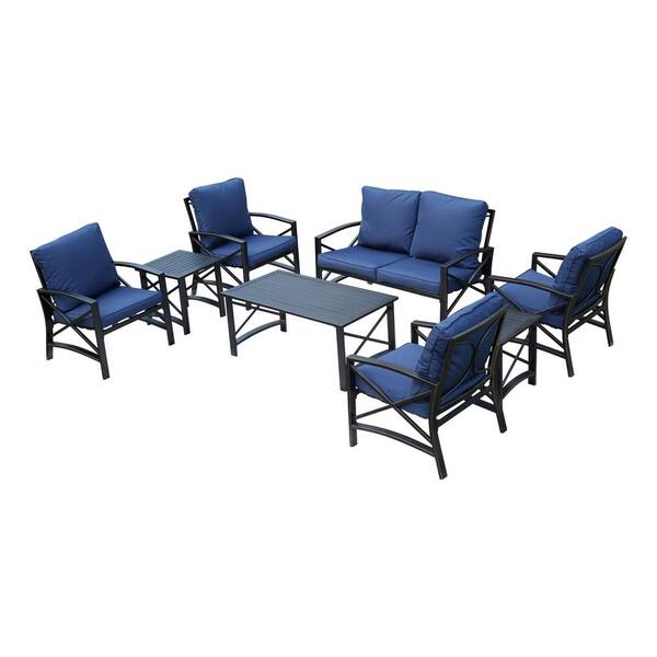 TOP HOME SPACE 8-Piece Metal Patio Conversation Set with Blue Cushions