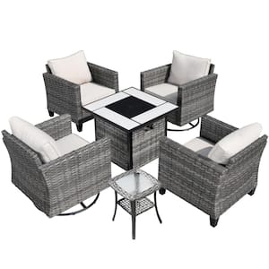 New Vultros Gray 5-Piece Wicker Patio Fire Pit Conversation Set with Beige Cushions and Swivel Rocking Chairs