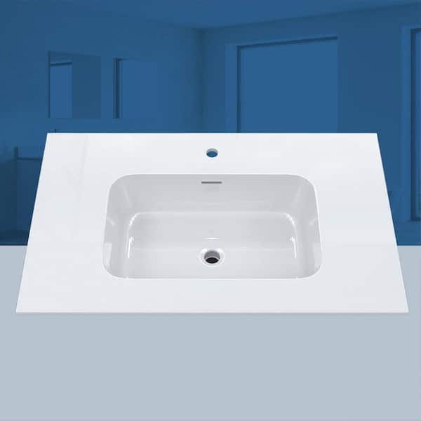 36 in. W x 22 in. D Rectangular Single Sink Bathroom Vanity Top White Solid Surface Resin Vanity Top in Glossy White