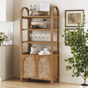 Leah 71 in. Tall Light Brown Solid Wood Boho 3-Shelf Accent Bookcase Cabinet w/ Arched Frame and Natural Seagrass Doors