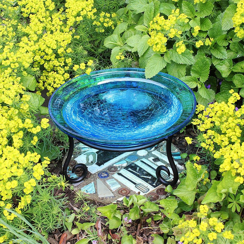 Teal Crackle Glass Birdbath Bowl with Wrought Iron Stand