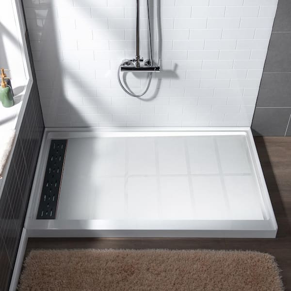 WOODBRIDGE Krasik 60 in. L x 32 in. W Alcove Solid Surface Shower Pan Base with Left Drain in White with Oil Rubbed Bronze Cover