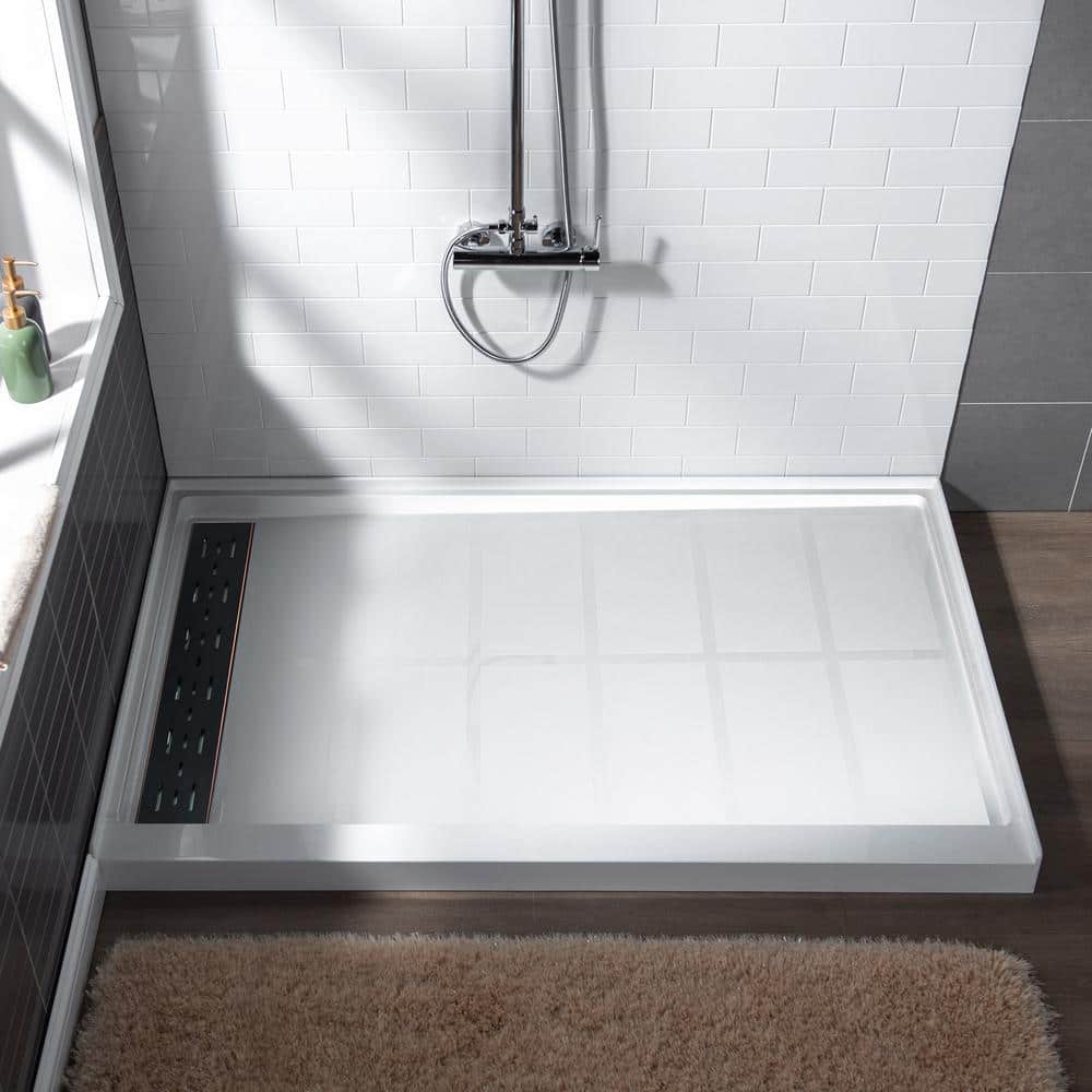 60" x 36" White Solid Surface Alcove Shower Pan Base with Left Drain