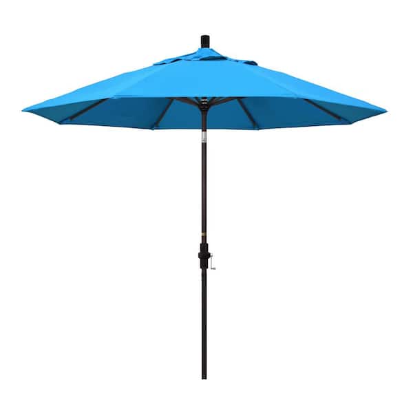 California Umbrella 9 ft. Bronze Aluminum Market Collar Tilt Crank Lift Patio Umbrella in Canvas Cyan Sunbrella