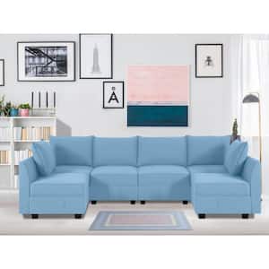Contemporary 6-Piece Robin Egg Blue Linen Upholstered Sectional Sofa Bed
