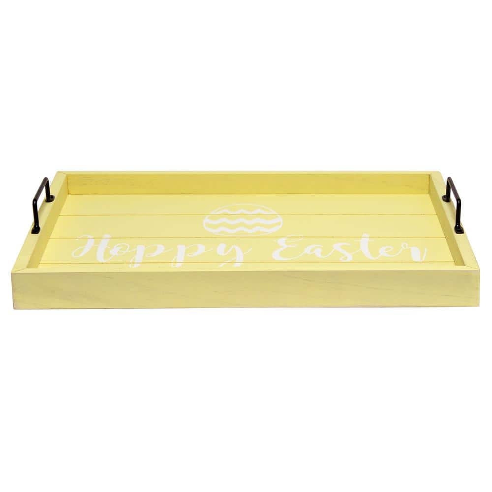 Farmhouse Yellow Wash Wood Serving Tray with Black Handles