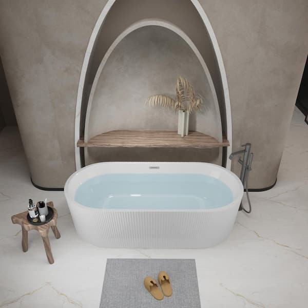 59.10 in. x 29.50 in. Flat Bottom Linear Acrylic Freestanding Soaking Bathtub with Center Drain in Glossy White