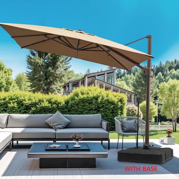11.5 ft. x 9 ft. Aluminum 360° Rotation Cantilever Patio Umbrella in Tan with 300 lbs. HDPE Wheels and Pull Rod Base