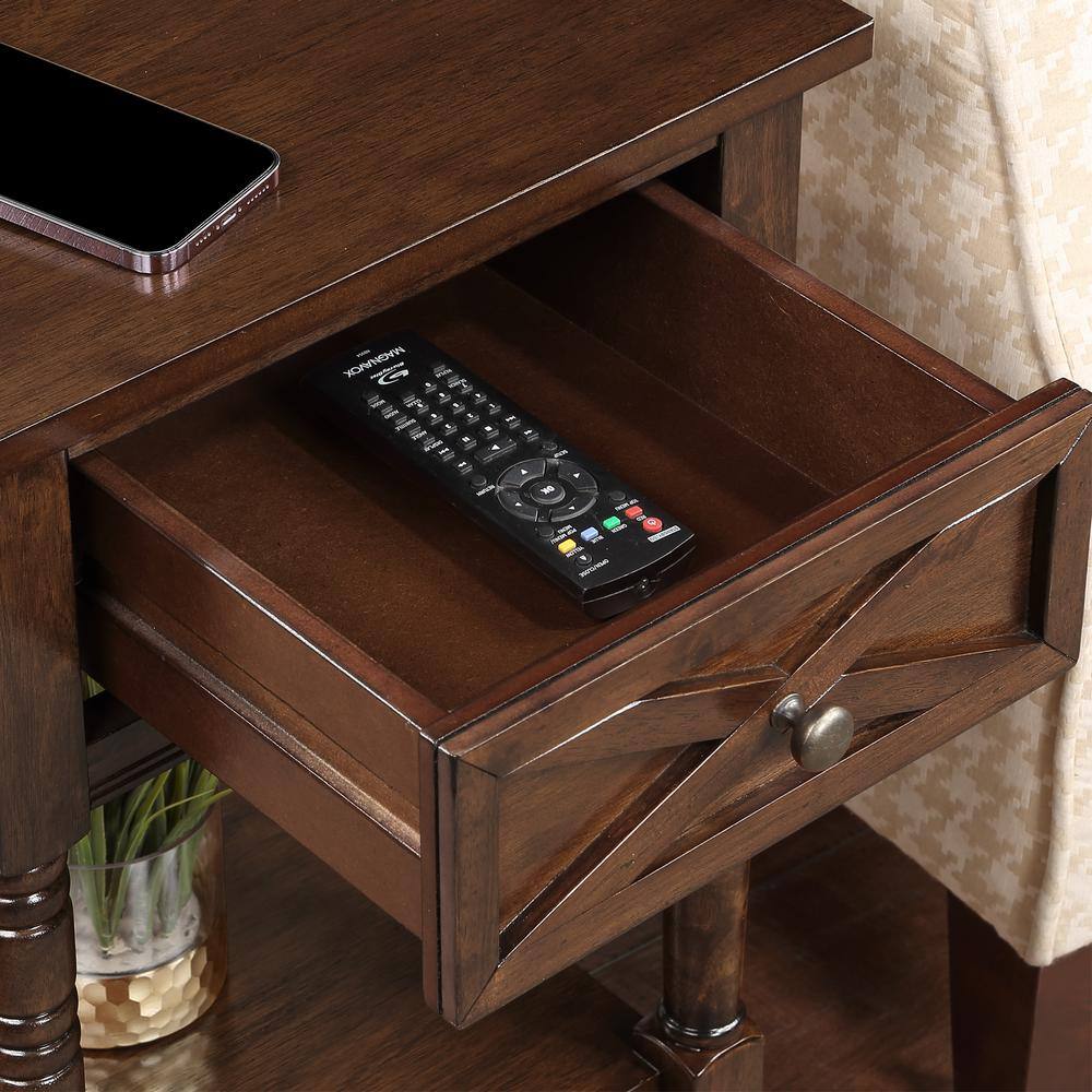 Espresso Wood End Table with Charging Station and Storage