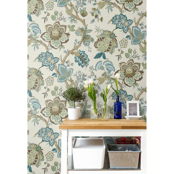 Seabrook Designs Hickory Smoke and Blue Bell Bernadette Jacobean Paper  Unpasted Nonwoven Wallpaper Roll 60.75 sq. ft. FC60406 - The Home Depot