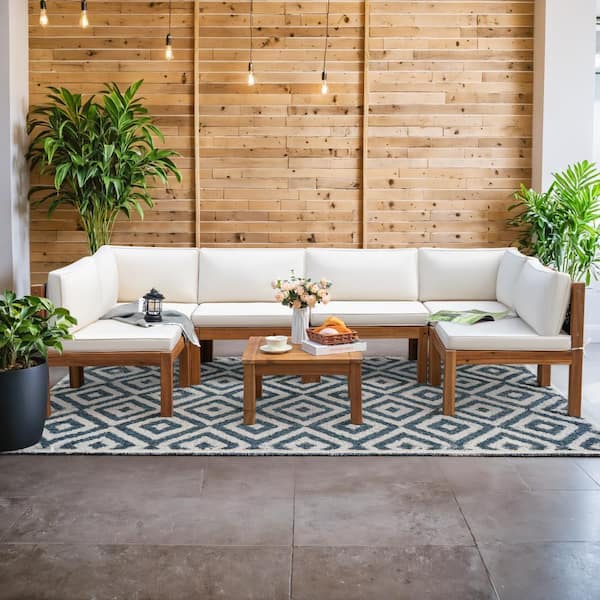 Hawaii Vibe 7-Piece Acacia Wood Patio Conversation Set Rope Woven Outdoor Sectional Sofa with Table and Cream Cushions