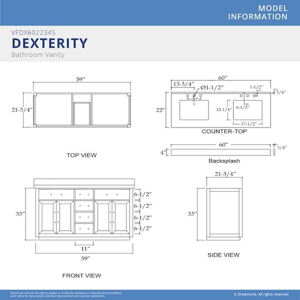 Dexterity 60 in. W x 22 in. D x 34 in . H Oak Vanity with Rectangular Undermount Sinks - Gray Oak with White Top