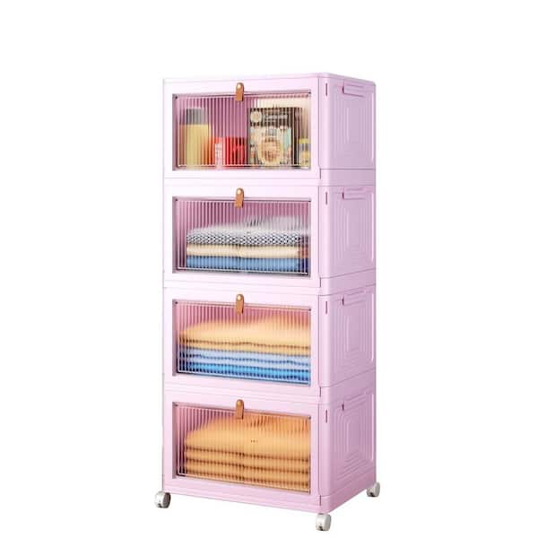 4-Tier Pink 32.68 in. Storage Bins, Stackable Closet Organizers and Storage with Wheels for Home Office Dorm Room