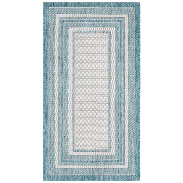 Courtyard 2 x 5 Ivory/Aqua Border Area Rug