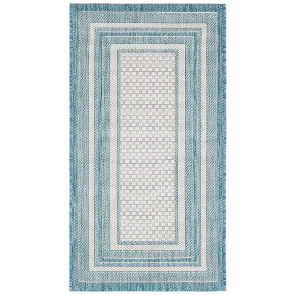 Courtyard Ivory/Aqua 2 ft. x 4 ft. Solid Color Striped Indoor/Outdoor Area Rug