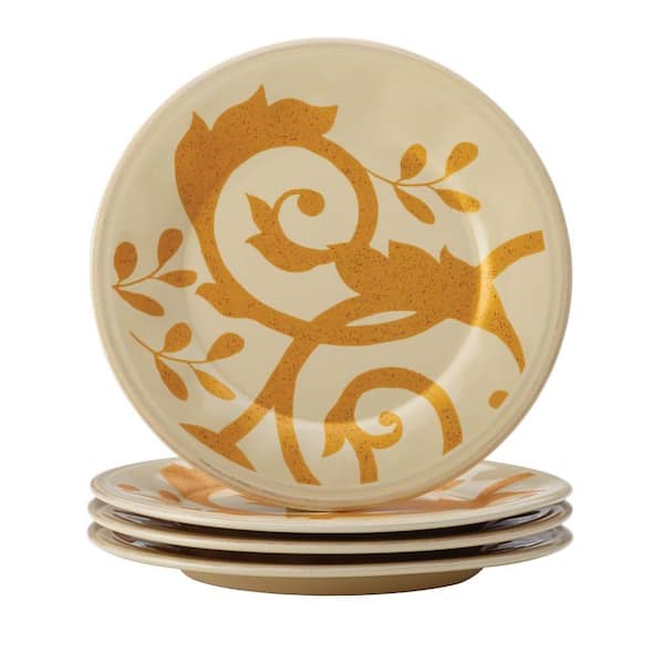 Rachael Ray Dinnerware Gold Scroll 4-Piece Round Appetizer Plate Set in Almond Cream