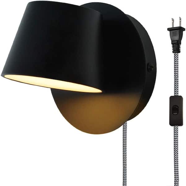 3.5 in. 1-Light Plug in LED Wall Sconces with Black Rotate Shade and Switch, 7-Watts 3000K