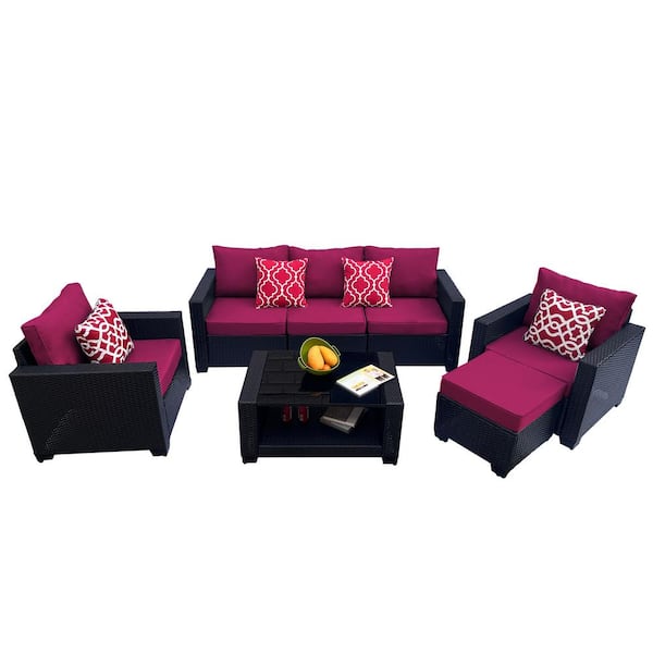 Unbranded 7-Piece Wicker Outdoor Sectional Set, Patio Rattan Sofa Set with Red Cushions and Coffee Table for Garden Lawn Backyard